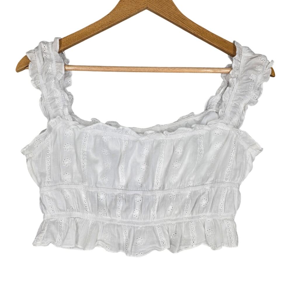 CIDER EYELET RUFFLED CROPPED BLOUSE – WHITE – WOMEN’S SMALL – COTTAGE STYLE